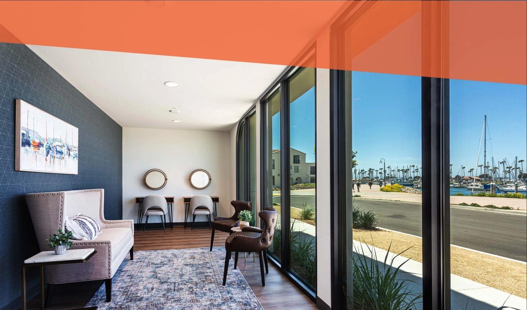 Take advantage of all Portside Ventura Harbor has to offer clubroom sitting area with floor-to-ceiling windows and harbor views