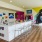 large island with seating and art on the wall