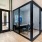 cubed, glass walled leasing office